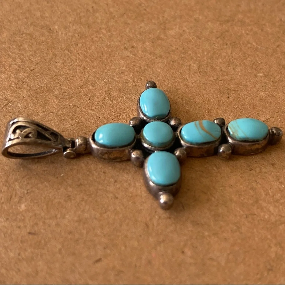 Sterling Silver Turquoise Cross Pendant Vintage Southwest Boho Artist Signed - Picture 4 of 12